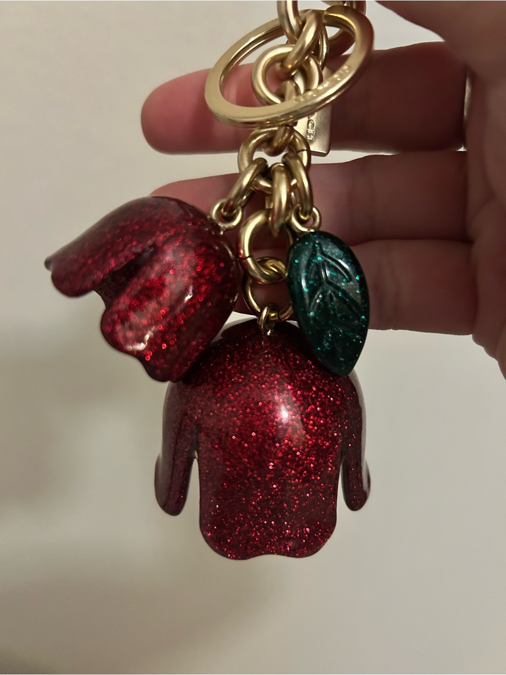 Coach Resin Red Glitter Tea Rose Green Leaf Handbag Charm Keychain - Picture 2 of 8